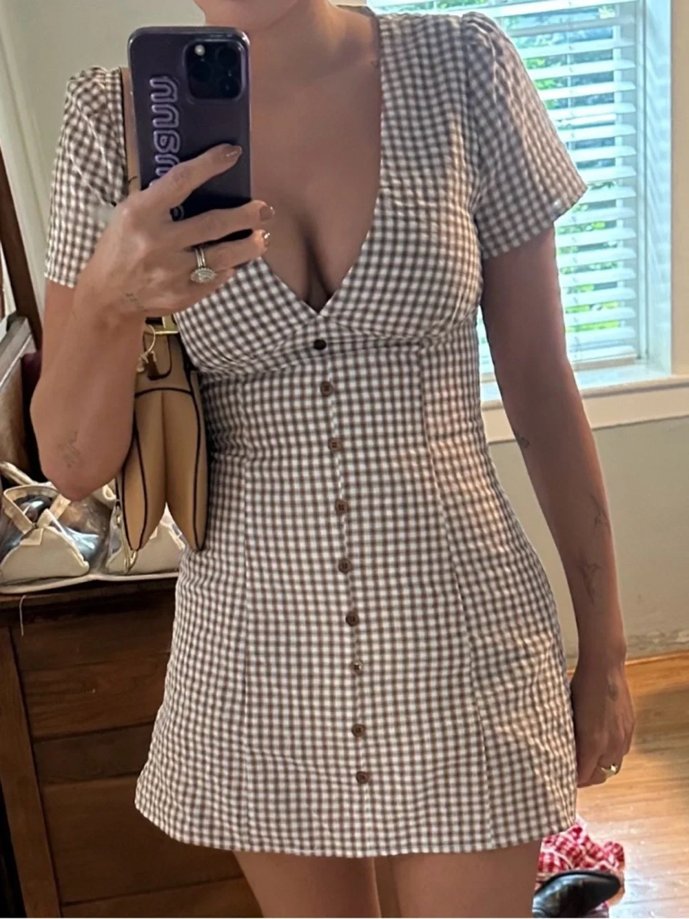 Princess Polly Beige and White Gingham Button-Front Mini Dress - Picture 2 of 2